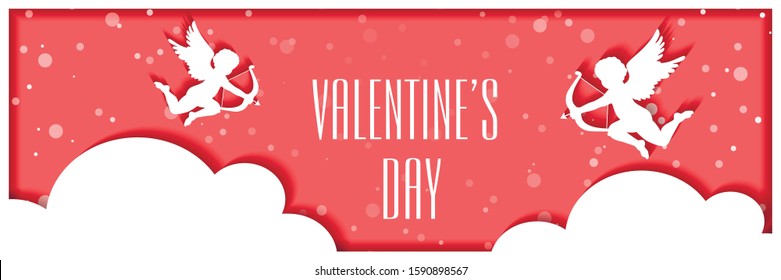 Valentine's Day header horizontal banner on a pink background. Vector illustration