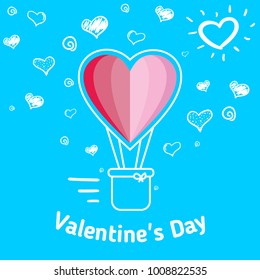 Valentine's Day. Heart as a balloon in the blue sky. Design of greeting card, poster, banner. Template. Vector illustration. Pattern