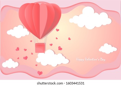 Valentine's day with heart balloon and cloud with mini heart on pink and yellow soft pastel color background. For Valentine's day, Mother's and birthday greeting card design.