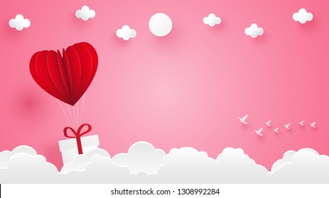 Valentine's Day heart balloon flying gift box whit sky view ,origami paper art style on pink background , vector illustration 