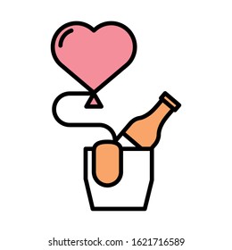 valentines day heart balloon helium and wine bottle vector illustration