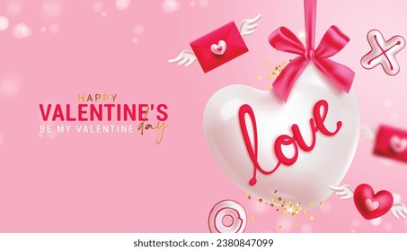 Valentine's day heart balloon vector design. Happy valentine's day greeting card with heart balloon hanging and xo love sign decoration elements. Vector illustration valentine hearts day invitation 