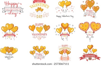 Valentine's Day Heart Balloons Clipart. Valentine's day minimalist pastel vector greeting card heart balloons. Valentine vector design featuring delicate decorations in pink, purple, and gold.