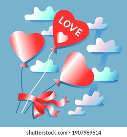 Valentines Day Heart Balloons fly in the sky.