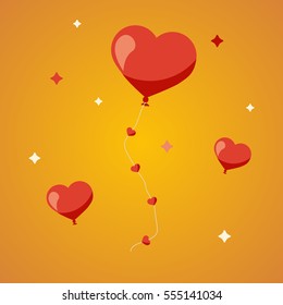 Valentines Day heart balloons on yellow background. Flat design.

