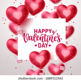 Valentines day heart balloons vector background. Happy valentines day greeting text in white space with flying heart air balloon elements in blurred background. Vector Illustration.