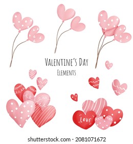 Valentine's day heart, balloons watercolor elements