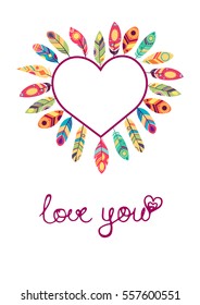 Valentine's day heart card with feathers in ethnic style, vector illustration on white background. Festive frame.