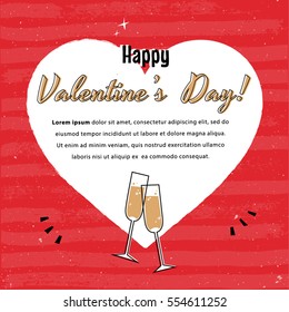 Valentine's Day heart with champagne glasses. Red background. Vector illustration.