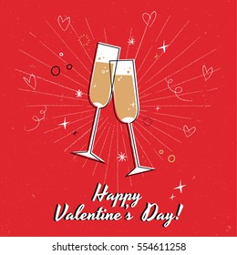 Valentine's Day heart with champagne glasses. Red background. Vector illustration.