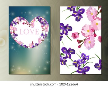Valentines day heart with cherry and iris flower. Vector illustration. Wallpaper, flyers, invitation, posters, brochure, banners.