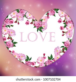 Valentines day heart with cherry and rose flower. Vector illustration. Wallpaper, flyers, invitation, posters, brochure, banners.