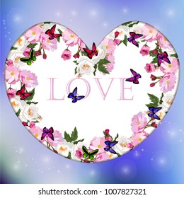 Valentines day heart with cherry and rose flower. Vector illustration. Wallpaper, flyers, invitation, posters, brochure, banners.