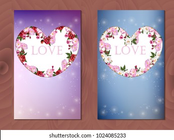 Valentines day heart with cherry and rose flower. Vector illustration. floral love card