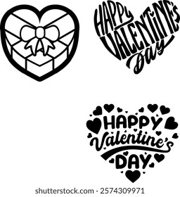 Valentine's Day Heart Designs Collection, This set includes creative designs such as a gift box-shaped heart, hand-lettered "Happy Valentine's Day" text inside a heart, 