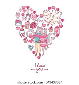 Valentine's Day heart. Doodle Heart. Valentines day card. Lovely skunks.