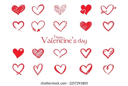 Valentines day Heart Doodle Heart doodles set. Hand-drawn hearts collection. heart icon set for valentines day and romantic love vector collection in red color isolated on white background. 