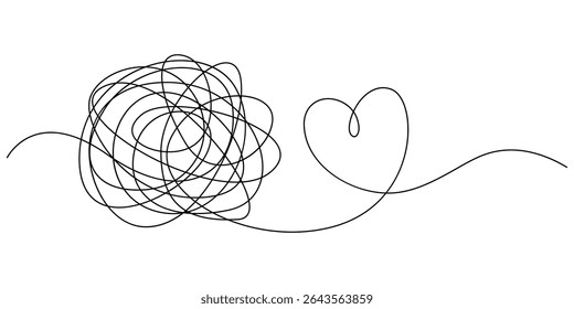 Valentine's Day Heart Doodle Single Continuous Thin Line Drawing Border, Chaotically tangled line and tangled heart. Psychotherapy for couple concept of solving problems is easy. Unravels chaos