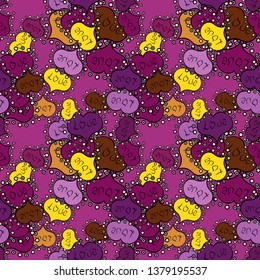 Valentine':s day. Heart Doodle. Vector. Abstract seamless love pattern. Drawing in sketch style on purple, black and pink colors. Wrapping paper.