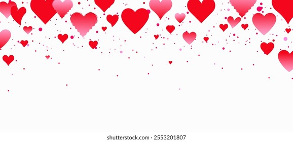 Copo del corazón del día de San Valentín en el fondo blanco. Diseño del día de San Valentín para la tarjeta de felicitación. Ilustración vectorial de borde de escamas de amor sin costuras. confeti de corazón,