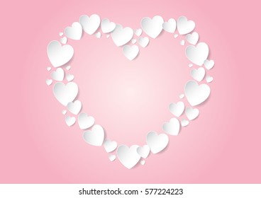 Valentines Day heart flat lay with white vector paper hearts on pink background