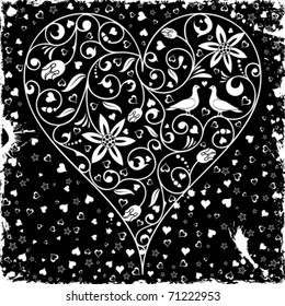 Valentines Day heart with flower and birds, element for design, vector illustration