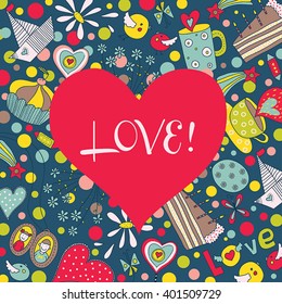 Valentine's day. Heart, flowers, butterfly, bird, gift, love, heart, kiss,cake, star. A cartoon vector illustration.