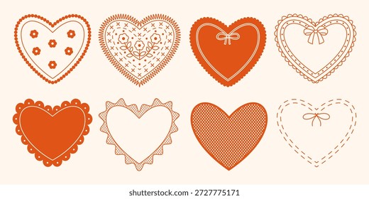Marcos de corazón de San Valentín. bordes y etiquetas con volantes de encaje, puntadas de bordado y bordes festoneados. Plantillas románticas para texto decorado con cintas y lazos. Conjunto de Vector del 14 de febrero