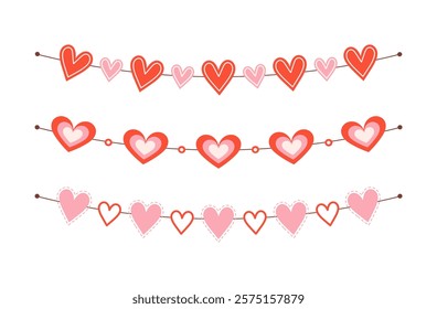 Valentine's Day heart garlands. Romantic decorative strings with hearts. Vector illustration