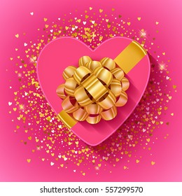 Valentines day heart gift box with gold ribbon and bow - top view vector illustration. Glitter glow sequins on pink background. Good for seasonal advertising poster banner flyer design. Love symbol.