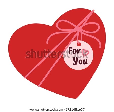 Valentine's Day heart gift box vector illustration with for you tag and ribbon bow. Cute romantic present design for cards, invitations, stickers, labels and packaging.