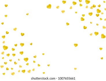 Valentines day heart with gold glitter sparkles. February 14th day. Vector confetti for valentines day heart template. Grunge hand drawn texture. Love theme for party invite, retail offer and ad.