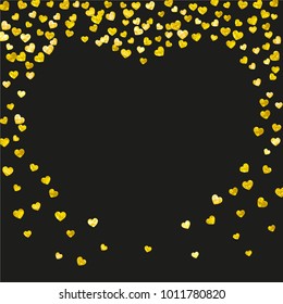 Valentines day heart with gold glitter sparkles. February 14th day. Vector confetti for valentines day heart template. Grunge hand drawn texture. Love theme for gift coupons, vouchers, ads, events.