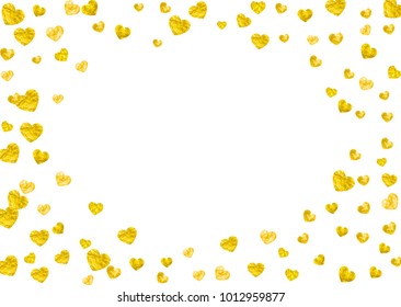 Valentines day heart with gold glitter sparkles. February 14th day. Vector confetti for valentines day heart template. Grunge hand drawn texture. Love theme for poster, gift certificate, banner.