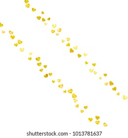 Valentines day heart with gold glitter sparkles. February 14th day. Vector confetti for valentines day heart template. Grunge hand drawn texture. Love theme for gift coupons, vouchers, ads, events.