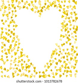 Valentines day heart with gold glitter sparkles. February 14th day. Vector confetti for valentines day heart template. Grunge hand drawn texture. Love theme for gift coupons, vouchers, ads, events.
