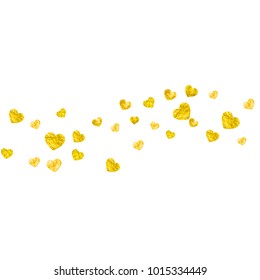 Valentines day heart with gold glitter sparkles. February 14th day. Vector confetti for valentines day heart template. Grunge hand drawn texture. Love theme for party invite, retail offer and ad.