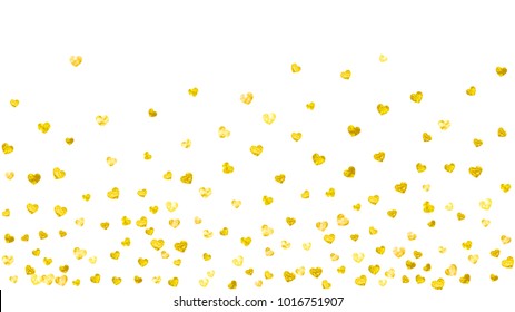 Valentines day heart with gold glitter sparkles. February 14th day. Vector confetti for valentines day heart template. Grunge hand drawn texture. Love theme for poster, gift certificate, banner.