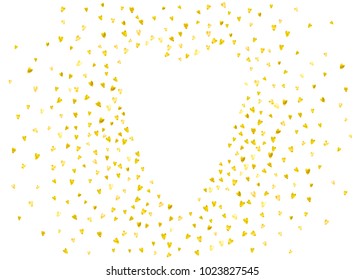 Valentines day heart with gold glitter sparkles. February 14th day. Vector confetti for valentines day heart template. Grunge hand drawn texture. Love theme for voucher, special business ad, banner.