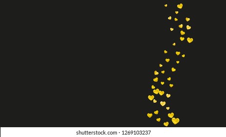 Valentines day heart with gold glitter sparkles. February 14th day. Vector confetti for valentines day heart template. Grunge hand drawn texture. Love theme for voucher, special business ad, banner.