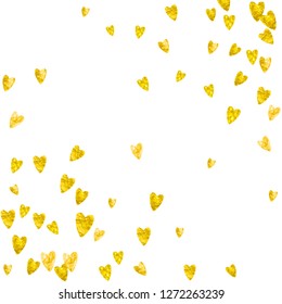 Valentines day heart with gold glitter sparkles. February 14th day. Vector confetti for valentines day heart template. Grunge hand drawn texture. Love theme for gift coupons, vouchers, ads, events.