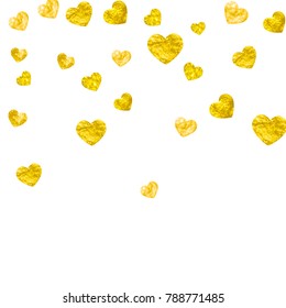 Valentines day heart with gold glitter sparkles. February 14th day. Vector confetti for valentines day heart template. Grunge hand drawn texture. Love theme for voucher, special business ad, banner.