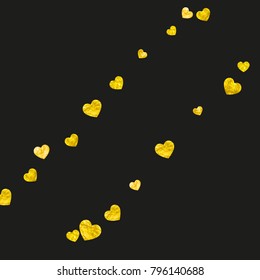 Valentines day heart with gold glitter sparkles. February 14th day. Vector confetti for valentines day heart template. Grunge hand drawn texture. Love theme for party invite, retail offer and ad.