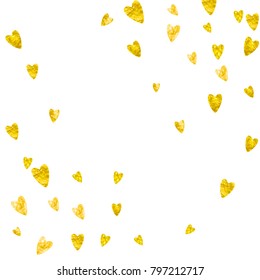 Valentines day heart with gold glitter sparkles. February 14th day. Vector confetti for valentines day heart template. Grunge hand drawn texture. Love theme for gift coupons, vouchers, ads, events.