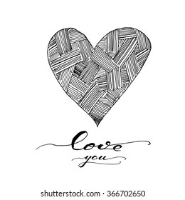 Valentines day heart hand drawn lettering card. Ink illustration. Isolated on white background. Hand drawing lettering phrase. Love you phrase.