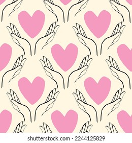 Valentines Day heart with hands seamless pattern in modern doodle style