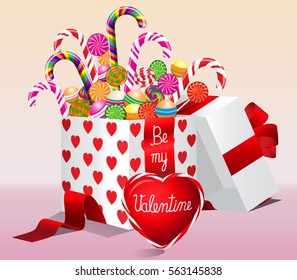 Valentines day heart with handwritten text.Lollipops collection in gift box with bow and ribbons for Valentine isolated on white background. Vector illustration.