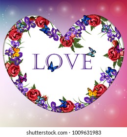 Valentines day heart with iris and rose flower on colorful background. Vector illustration. Wallpaper, flyers, invitation, posters