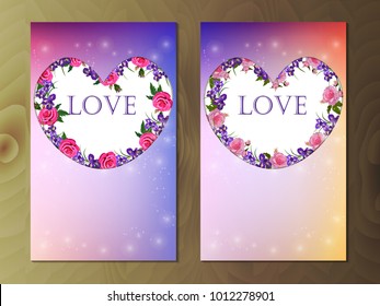 Valentines day heart with iris and rose flower on colorful background. Vector illustration. Wallpaper, flyers, invitation, posters