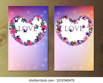 Valentines day heart with iris and rose flower on colorful background. Vector illustration. Wallpaper, flyers, invitation, posters